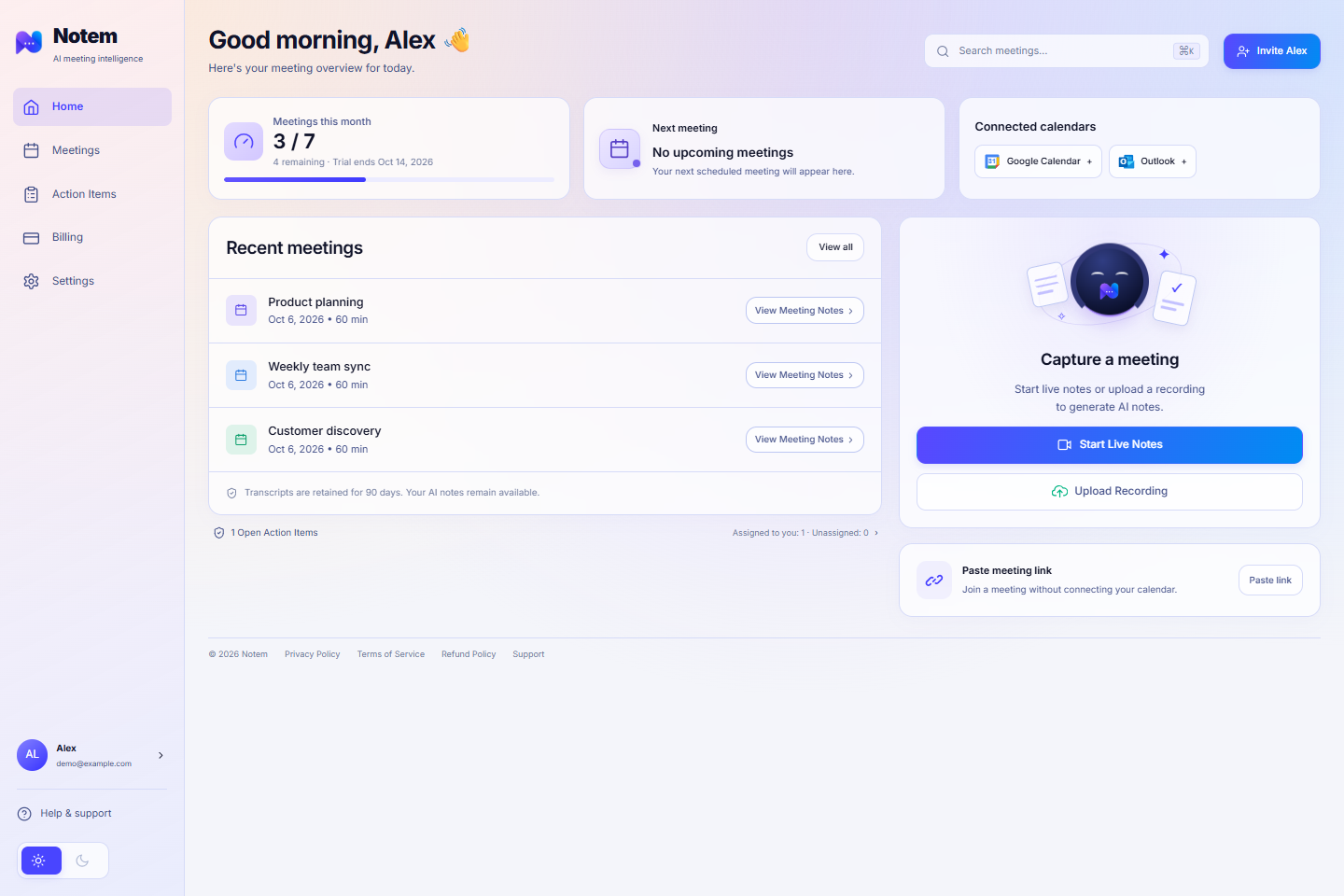Notem Home in light mode, showing meeting allowance, recent meetings and recording controls with demo data