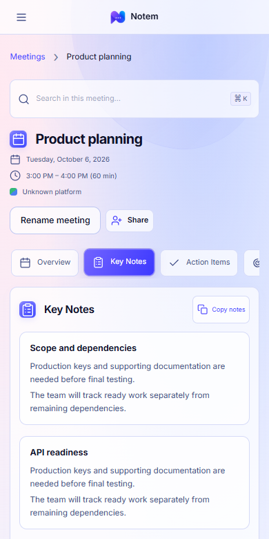 Notem Key Notes in light mode on a phone, with demo meeting notes