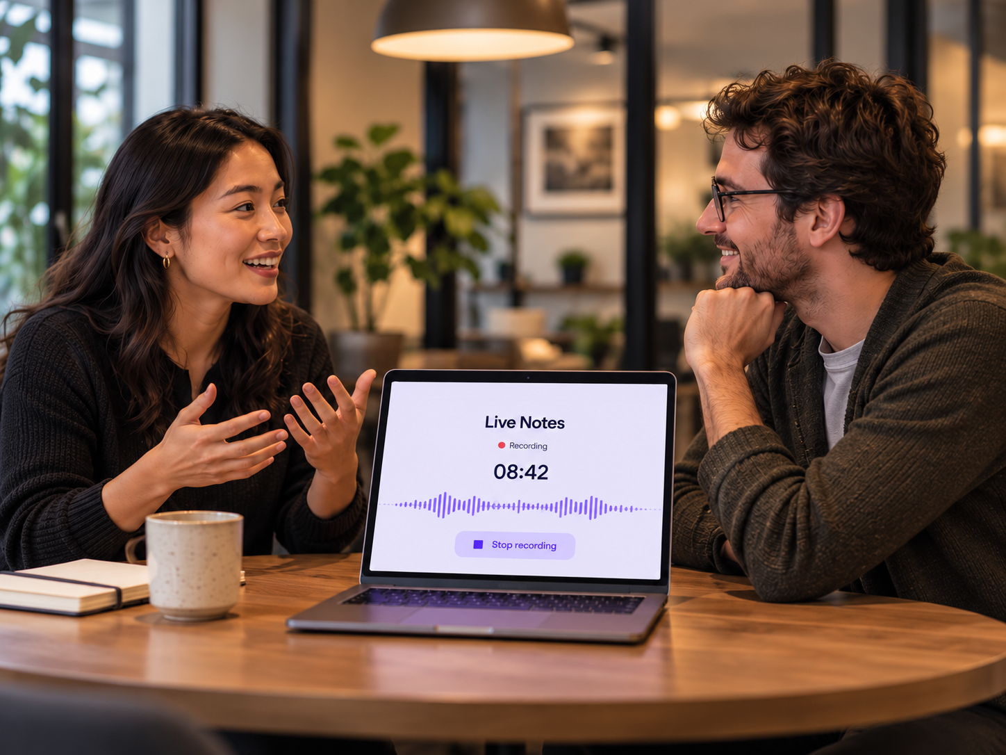 Two people talking in person while an open laptop shows Live Notes recording their conversation